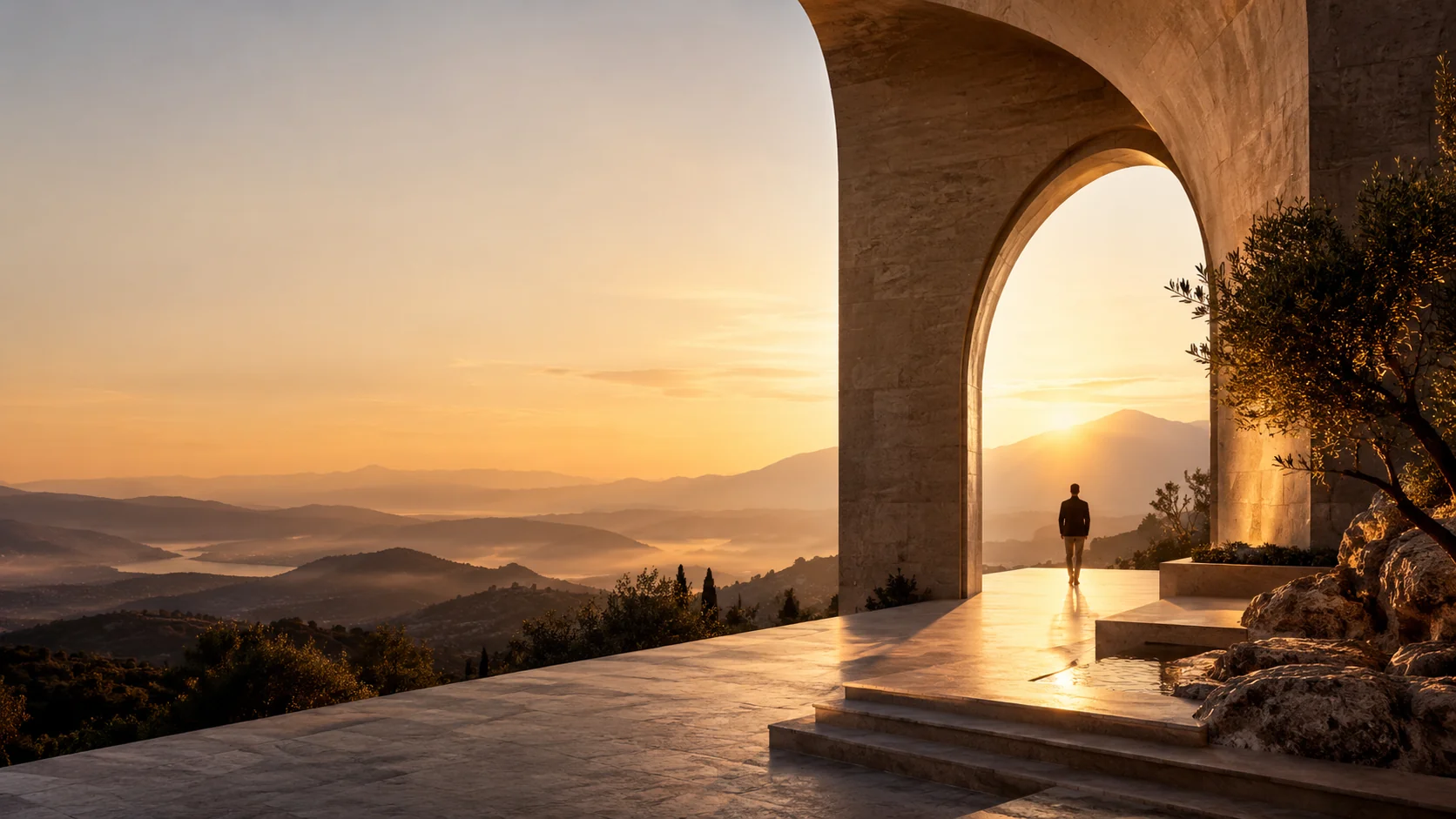 An open coastal archway overlooking a tranquil landscape