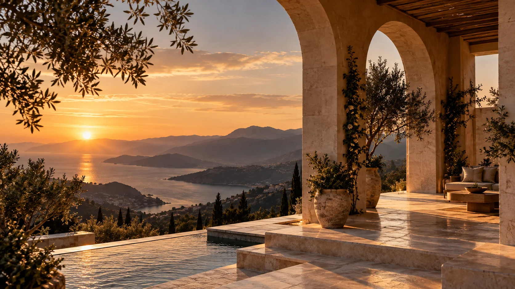 Sunset over an open stone terrace and coastal landscape