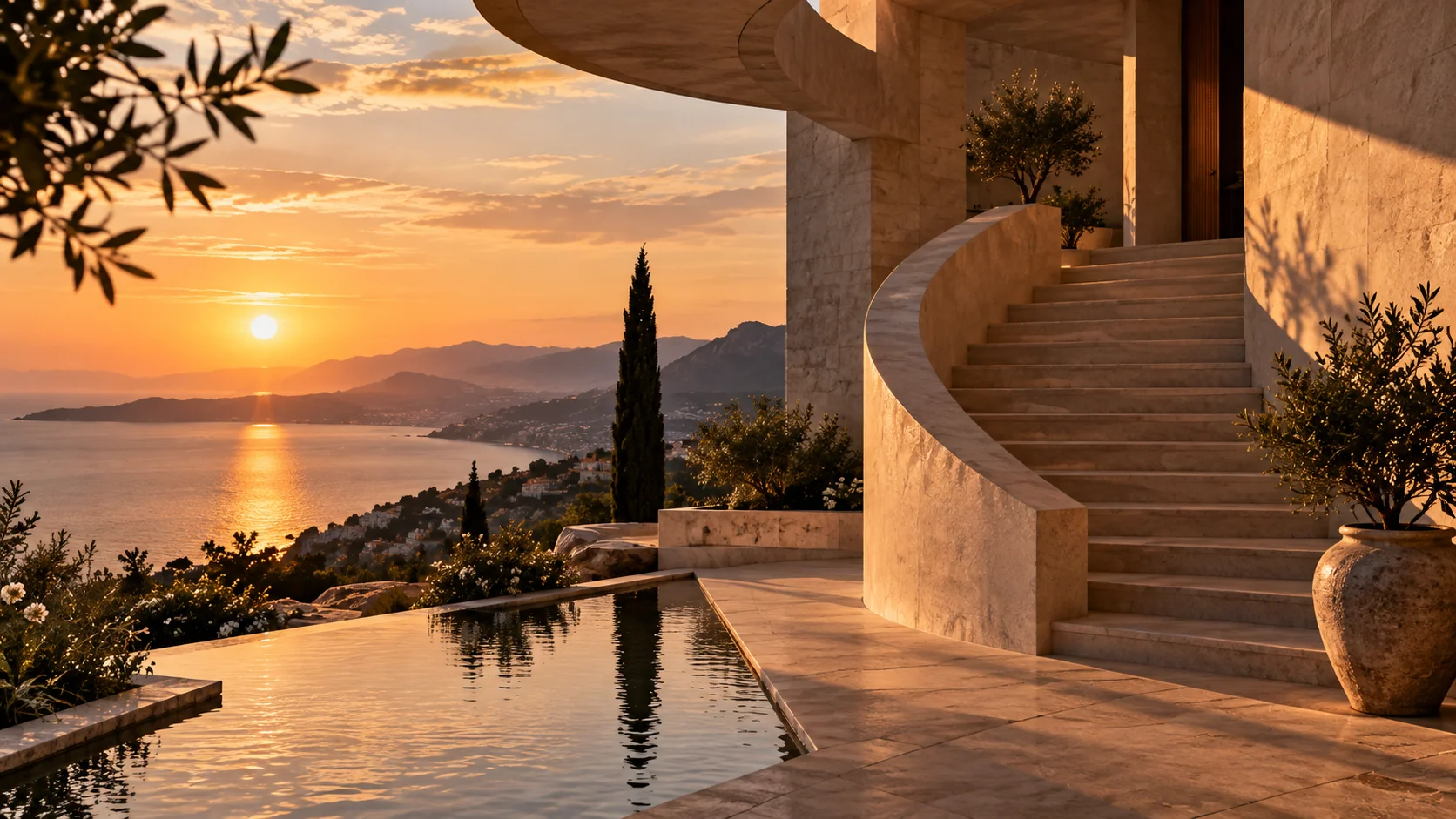 Stone stairway curving toward a sunset by the sea