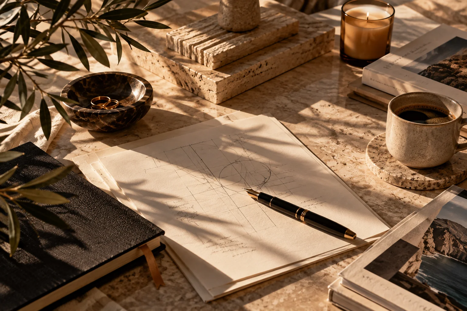 Stationery and books arranged in warm natural light